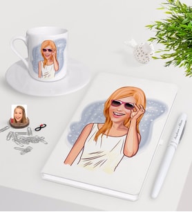 BK Gift Kişiye Özel Bayan Karikatürlü Beyaz Defter Kalem Türk Kahvesi Fincanı Seti-18 (Model 1)