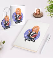 BK Gift Kişiye Özel Kadın Yönetici Karikatürlü Beyaz Defter Kalem Kupa ve Anahtarlık Hediye Seti-1 (Model 1)