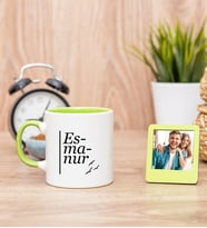 İsme Özel Heceli Yeşil Kupa Bardak ve Yeşil Mini Fotoğraf Çerçevesi