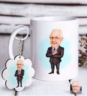 BK Gift Kişiye Özel Dede Karikatürlü Beyaz Kupa ve Anahtarlık Hediye Seti-1 (Model 1)