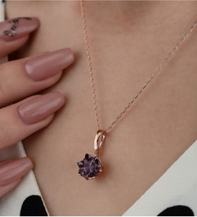 Rose Altın Kaplama Ametist Mor Zirkon Taşlı Lotus Çiçeği Kadın Kolye