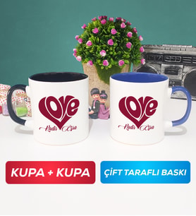 İkili Love Tasarımlı Sevgililer Günü Hediyesi Kupa Bardak Siyah Lacivert