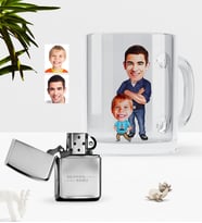 BK Gift Kişiye Özel Baba Oğul Karikatürlü Cam Kupa Bardak Benzinli Metal Çakmak Seti-2 (Model 1)