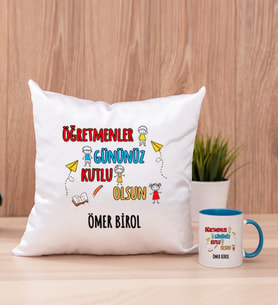Öğretmenler Günü Kare Yastık ve Mavi Kupa Bardak