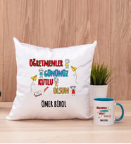 Öğretmenler Günü Kare Yastık ve Mavi Kupa Bardak