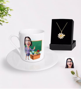 BK Gift Kişiye Özel Bayan Öğretmen Karikatürlü Türk Kahvesi Fincanı ve İsimli Papatya Kolye Hediye Seti-1 (Model 1)