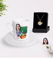 BK Gift Kişiye Özel Bayan Öğretmen Karikatürlü Türk Kahvesi Fincanı ve İsimli Papatya Kolye Hediye Seti-1 (Model 1)