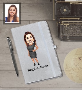 Kişiye Özel Öğretmen Karikatürlü Gri Defter Kalem Hediye Seti  Bayan-9