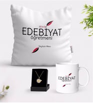 BK Gift Kişiye Özel Edebiyat Öğretmeni Beyaz Kupa Yastık ve İsimli Papatya Kolye Hediye Seti-5 (Model 1)