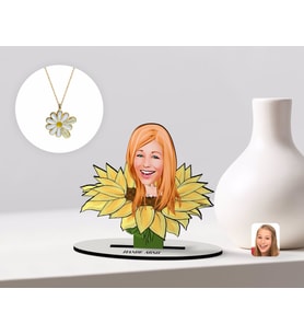 BK Gift Kişiye Özel Kadın Karikatürlü 3D Ahşap Biblo ve İsimli Tarihli Papatya Kolye Seti-47 (Model 1)