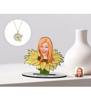 BK Gift Kişiye Özel Kadın Karikatürlü 3D Ahşap Biblo ve İsimli Tarihli Papatya Kolye Seti-47 (Model 1)