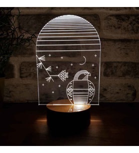 Baykuş Figürlü Dekoratif Hediye Led Masa Lambası 7 Işık Rengi Ahşap Taban