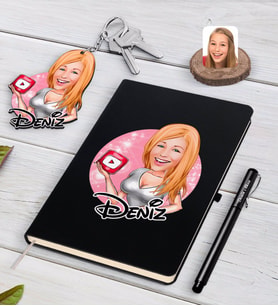 BK Gift Kişiye Özel Kadın Youtuber Karikatürlü Siyah Defter Kalem Ve Anahtarlık Hediye Seti-2 (Model 1)