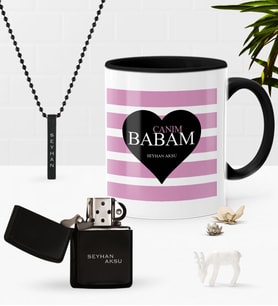BK Gift Kişiye Özel Canım Babam Siyah Kupa Benzinli Çakmak Kolye Seti-1 (Model 1)