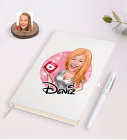 BK Gift Kişiye Özel Kadın Youtuber Karikatürlü Beyaz Defter ve Kalem Hediye Seti-2