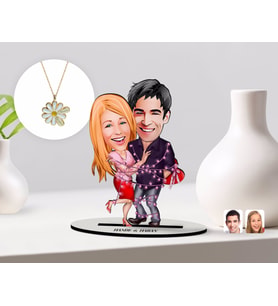 BK Gift Kişiye Özel Sevgililer Karikatürlü 3D Ahşap Biblo ve Çift İsimli Papatya Kolye Seti-2 (Model 1)