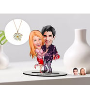 BK Gift Kişiye Özel Sevgililer Karikatürlü 3D Ahşap Biblo ve Çift İsimli Papatya Kolye Seti-2 (Model 1)