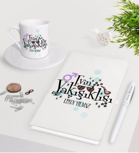 BK Gift Kişiye Özel Evin Yakışıklısı Beyaz Defter Kalem Türk Kahvesi Fincanı Seti-2 (Model 1)