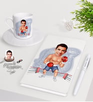 BK Gift Kişiye Özel Erkek Boksör Karikatürlü Beyaz Defter Kalem Türk Kahvesi Fincanı Seti-1 (Model 1)