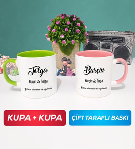 İkili Sevgiliye Hediye İsme Özel Sevgililer Günü Hediyesi Kupa Bardak Yeşil Pembe