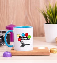Bilgisayar Mühendisine Özel Ahşap Altlıklı Mumlu Mavi Kupa Bardak