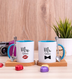 Mr Mrs Tasarımlı Ahşap Altlıklı İkili Mavi Kupa Bardak