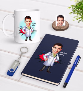 BK Gift Kişiye Özel Erkek Doktor Karikatürlü Lacivert Defter Kalem Kupa 32gb USB Bellek Hediye Seti-2 (Model 1)