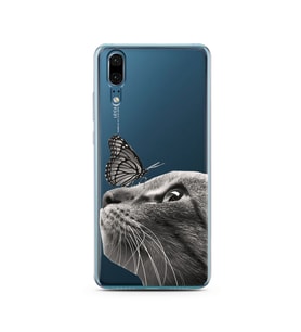 Kedi Kelebek Tasarımlı Süper Şeffaf Silikon Telefon Kılıfı Huawei P20   