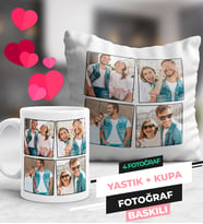 Kişiye Özel 4 Fotoğraflı Kupa Bardak ve Yastık Hediye Seti Sevgiliye Hediye Anneye Babaya Ablaya Abiye Kız Kardeşe Erkek Kardeşe Arkadaşa Erkek Kadın Sevgiliye Hediye
