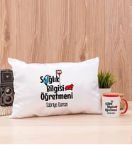 Sağlık Bilgisi Öğretmeni Dikdörtgen Yastık ve Kırmızı Kupa Bardak