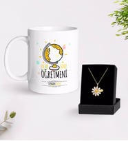 BK Gift Kişiye Özel En İyi Sınıf Öğretmeni Beyaz Kupa ve Papatya Kolye Hediye Seti-4 (Model 1)