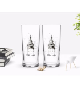 BK Gift Kişiye Özel Renkli Baskılı Galata Kulesi Tasarımlı İkili Rakı Bardağı Seti-11 (Beyaz)
