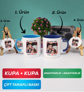 İkili Mavi Lacivert Sevgiliye Sevgililer Günü Hediyesi 9 Kupa Bardak Anahtarlık