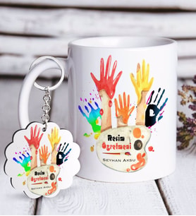 BK Gift Kişiye Özel Resim Öğretmeni Beyaz Kupa ve Anahtarlık Hediye Seti-3 (Model 1)