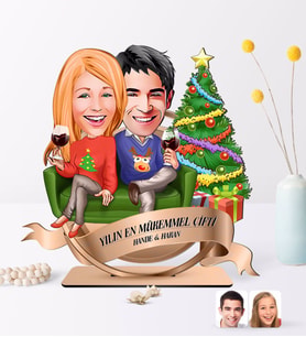 BK Gift Kişiye Özel Yılın En Mükemmel Çifti Karikatürlü 3D Ahşap Biblo Plaket-64 (Beyaz)