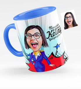 BK Gift Kişiye Özel Hostes Karikatürlü Mavi Kupa Bardak  2