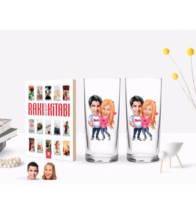 BK Gift Kişiye Özel Renkli Baskılı Sevgililer Karikatürlü İkili Rakı Bardağı ve Rakı Cep Kitabı Hediye Seti-5 (Model 1)