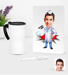 BK Gift Kişiye Özel Bay Diş Hekimi Karikatürlü Beyaz Defter Kalem ve Termos Mug Seti - 3 (Model 1)