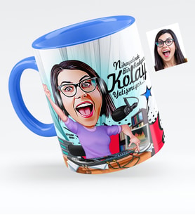 BK Gift Kişiye Özel Bayan Radyocu Karikatürlü Mavi Kupa Bardak  1