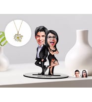 BK Gift Kişiye Özel Sevgililer Karikatürlü 3D Ahşap Biblo ve Çift İsimli Papatya Kolye Seti-6 (Model 1)