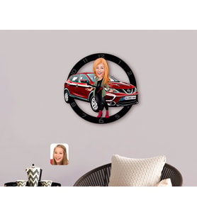BK Gift Kişiye Özel Plakalı Kadın Nissan Qashqai Karikatürlü Ahşap Duvar Saati-2 (Beyaz)