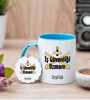 İş Güvenliği Uzmanı Mavi Kupa Bardak Ve Anahtarlık Set