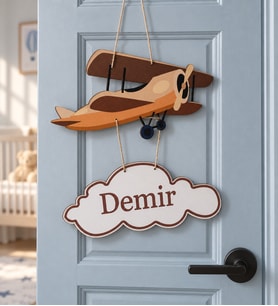 Gifties Ahşap Uçak ve Balon Temalı Kişiye Özel Kapı Süsü