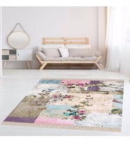 Gül ve Kelebek Kırkyama Patchwork Desenli Etnik Dijital Baskı Yıkanabilir Modern Salon Halı ve Yollu (Çok Renkli)