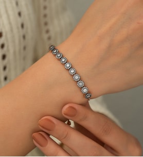 Papatya Silver Siyah Kalemli Asansör Bileklik Nano Zirkon Taşlı Rose Altın Kaplama Gümüş