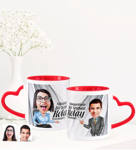 BK Gift Kişiye Özel İkili Nihayetinde Karikatürlü Kalpli Kupa Set