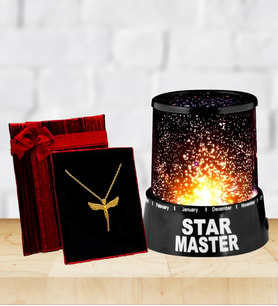 Star Master Gece Lambası & Gold Kaplama Melek Kolye Hediye Seti