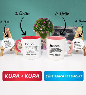 İkili Kırmızı Pembe Kişiye Özel Baba ve Anne Kupa Bardak Anahtarlık Hediye Seti