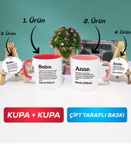 İkili Kırmızı Pembe Kişiye Özel Baba ve Anne Kupa Bardak Anahtarlık Hediye Seti