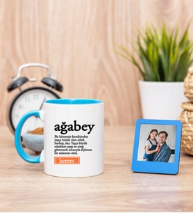 Ağabey Kelime Anlamı Mavi Kupa Bardak ve Mavi Mini Fotoğraf Çerçevesi